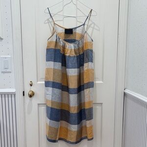 No. 6 Store White, Blue, and Yellow Plaid Spaghetti Strap Linen Dress w/Pockets
